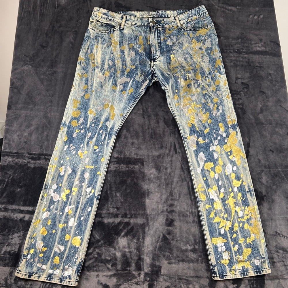 Robin's Jean Denim Pants Mens 42 Blue Gold Silver Paint Splatter Rhinestone 1478